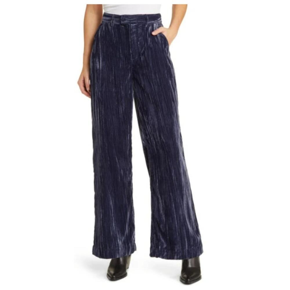Treasure & Bond Relaxed Fit Wide Leg Plisse Velvet Blue Pants size 18 Navy #p